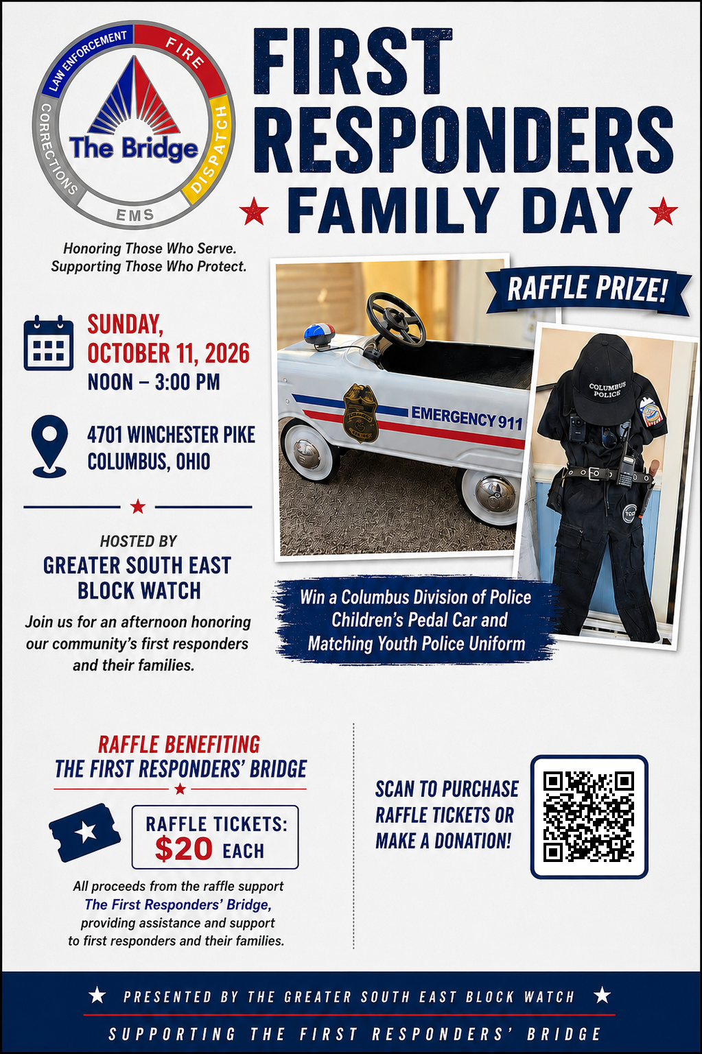 First Responders Family Day flyer: Sunday, October 11, 2026, noon to 3 p.m., 4701 Winchester Pike, Columbus, Ohio. Raffle tickets $20; the prize is a Columbus Division of Police children’s pedal car and matching youth police uniform.
